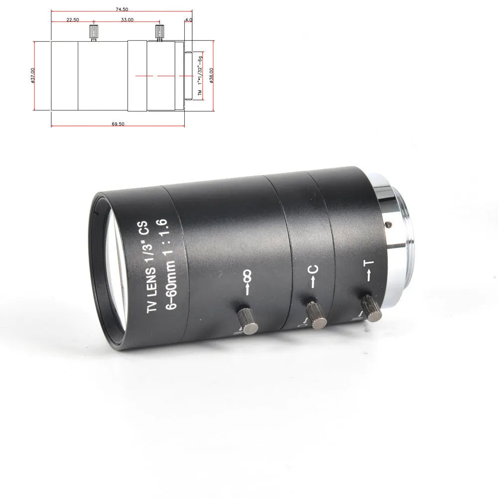 Black CS mount manual camera lens with 6-60mm focal length markings