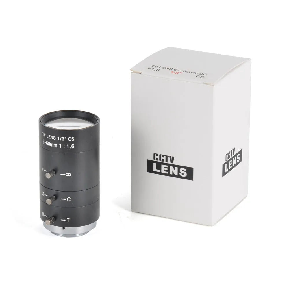 Black CS mount manual camera lens with 6-60mm focal length markings