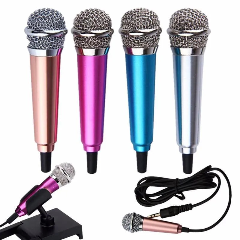 T3 mini condenser wired microphone with 3.5mm plug for mobile phone karaoke in blue, gold, red, or silver.