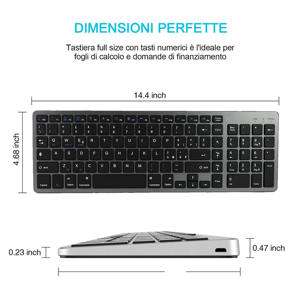 Ultra-thin rechargeable Bluetooth keyboard for tablets and mobile phones showing 104-key layout