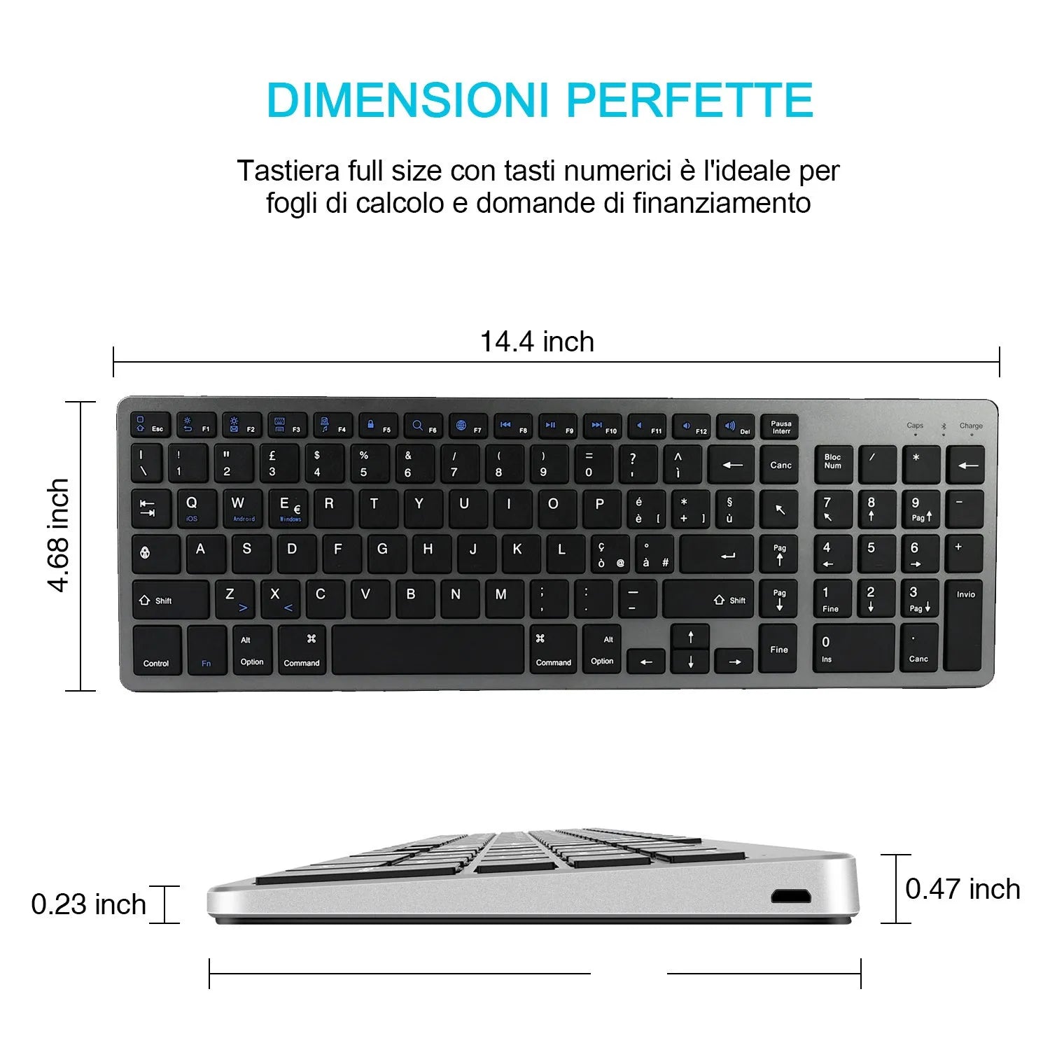 Ultra-thin rechargeable Bluetooth keyboard for tablets and mobile phones showing 104-key layout