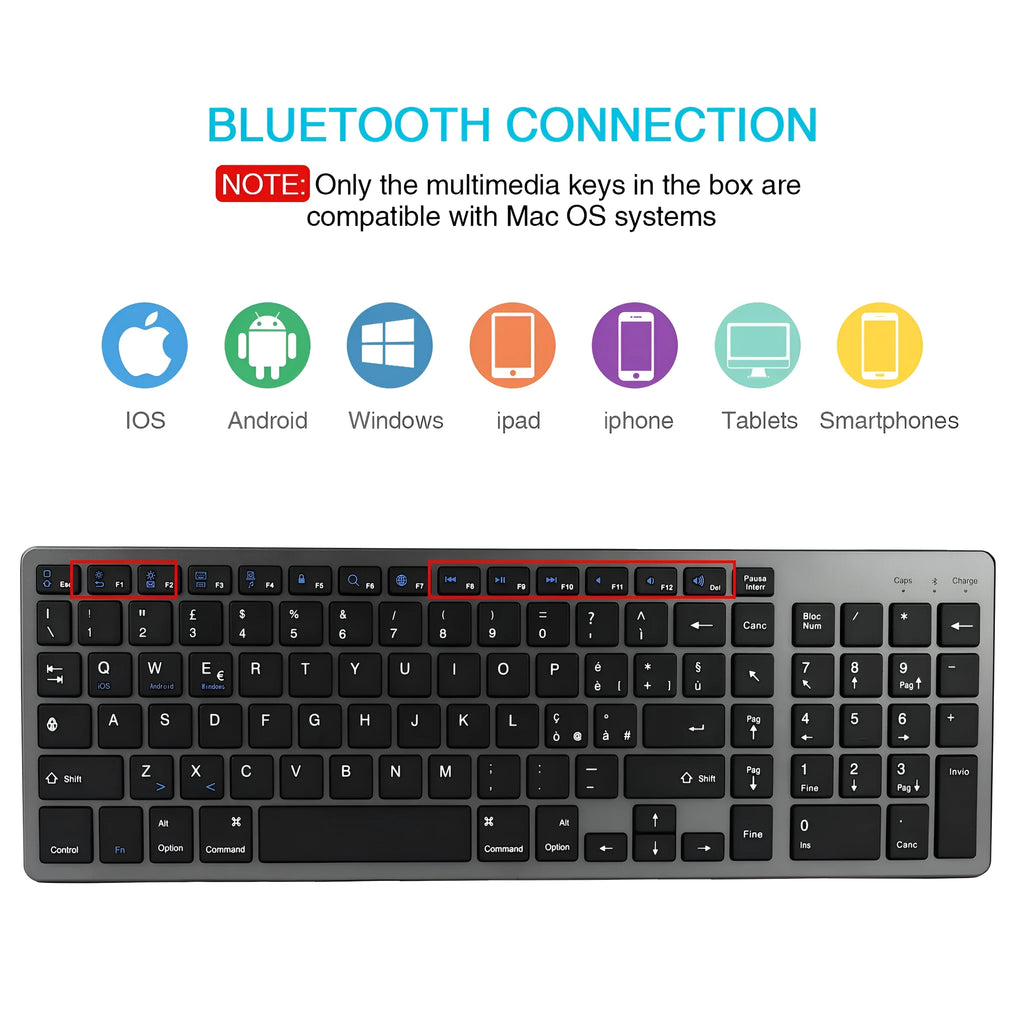 Ultra-thin rechargeable Bluetooth keyboard for tablets and mobile phones showing 104-key layout