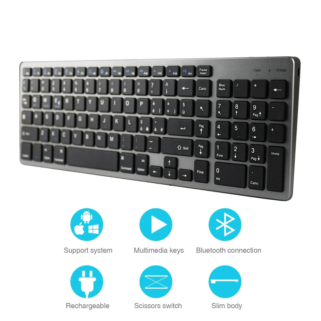 Ultra-thin rechargeable Bluetooth keyboard for tablets and mobile phones showing 104-key layout