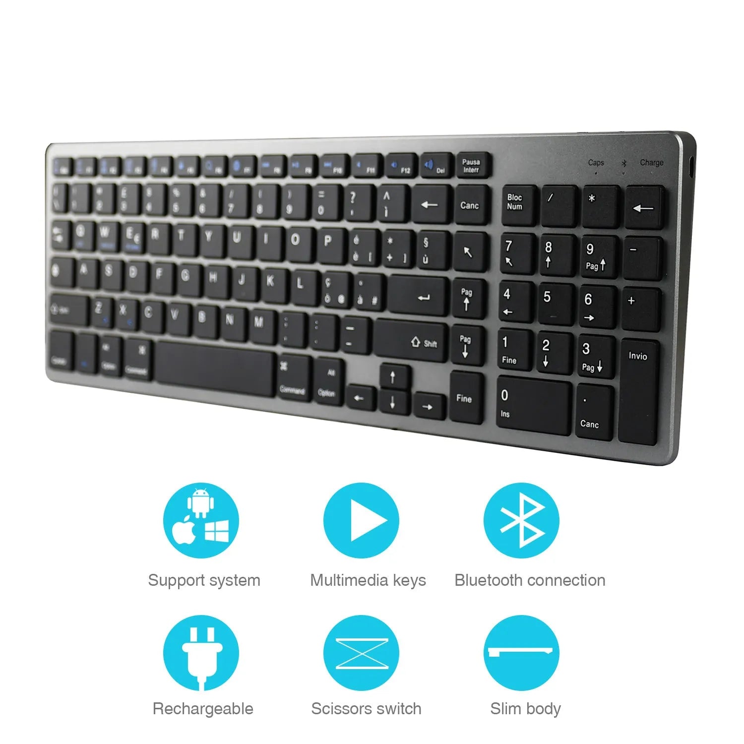 Ultra-thin rechargeable Bluetooth keyboard for tablets and mobile phones showing 104-key layout