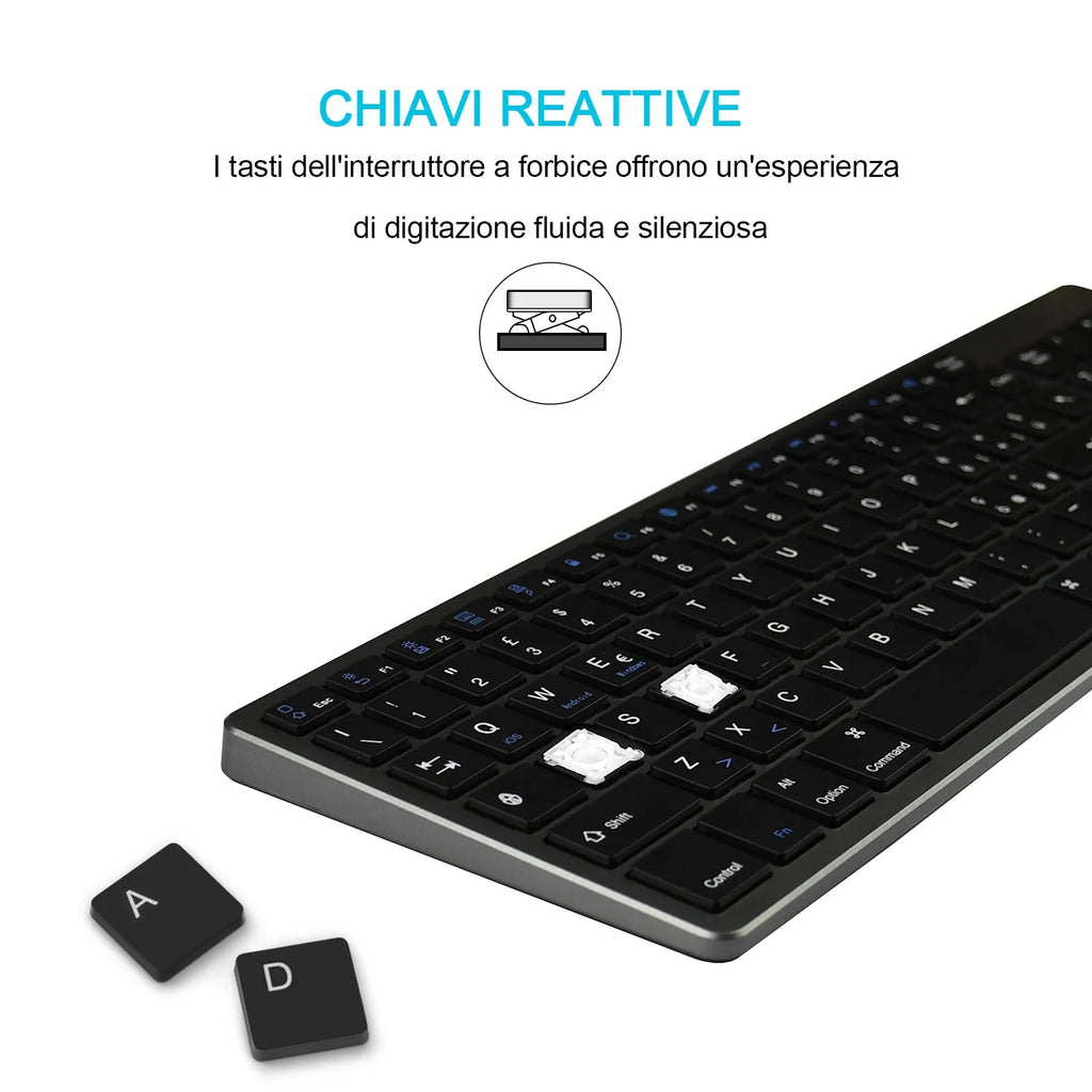 Ultra-thin rechargeable Bluetooth keyboard for tablets and mobile phones showing 104-key layout