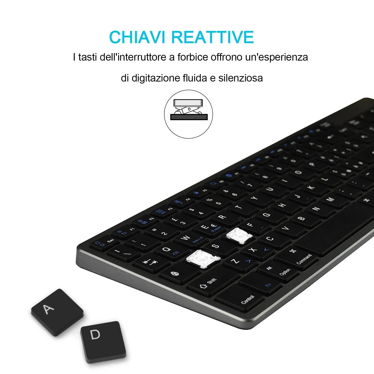 Ultra-thin rechargeable Bluetooth keyboard for tablets and mobile phones showing 104-key layout