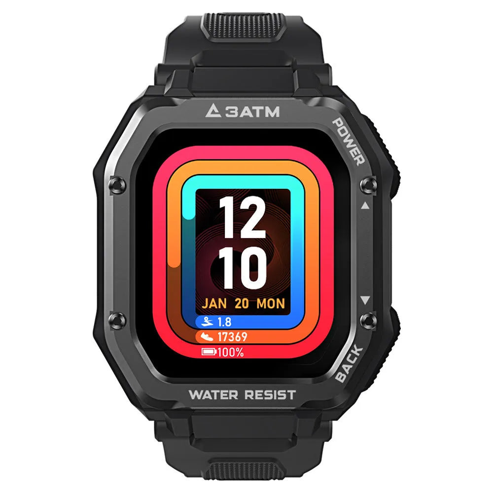 Army green rugged outdoor smart watch with 1.69 inch screen on silicone wristband