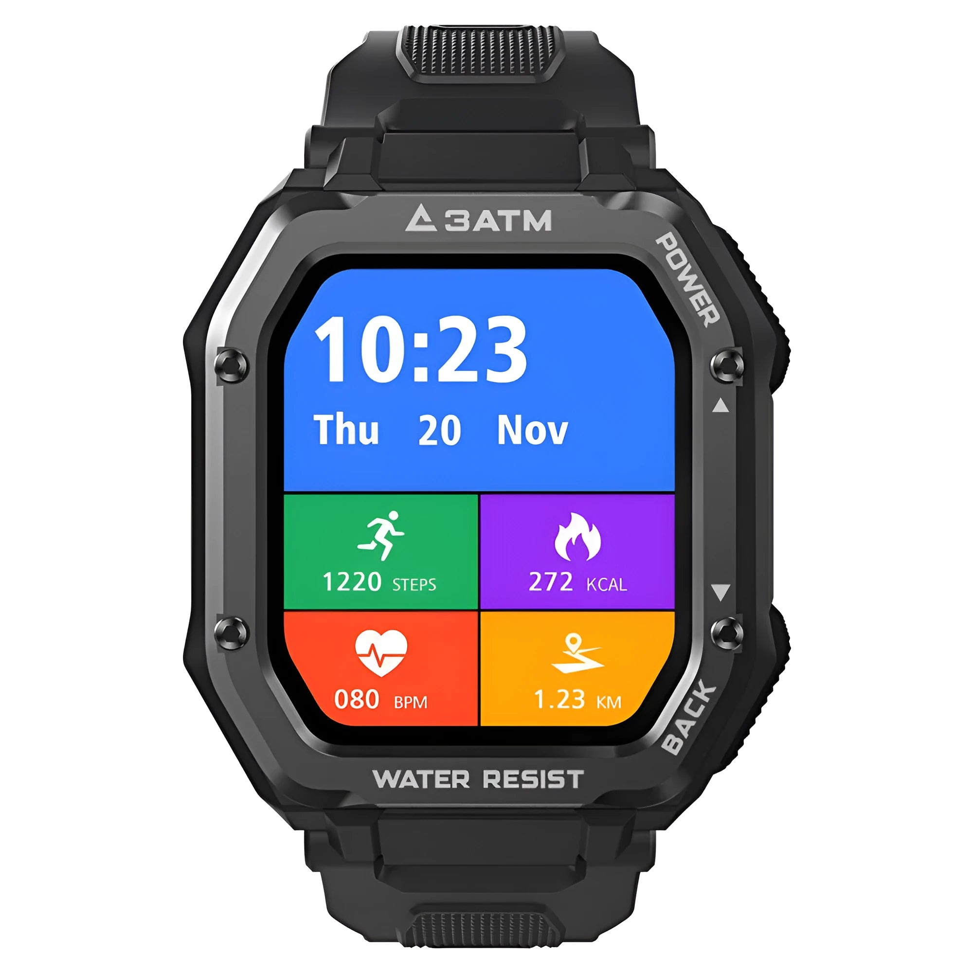 Army green rugged outdoor smart watch with 1.69 inch screen on silicone wristband
