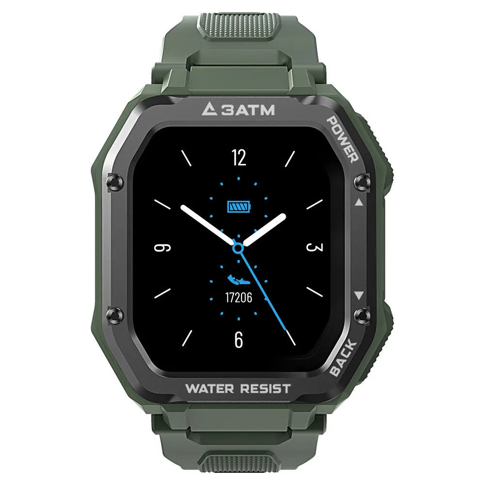 Army green rugged outdoor smart watch with 1.69 inch screen on silicone wristband