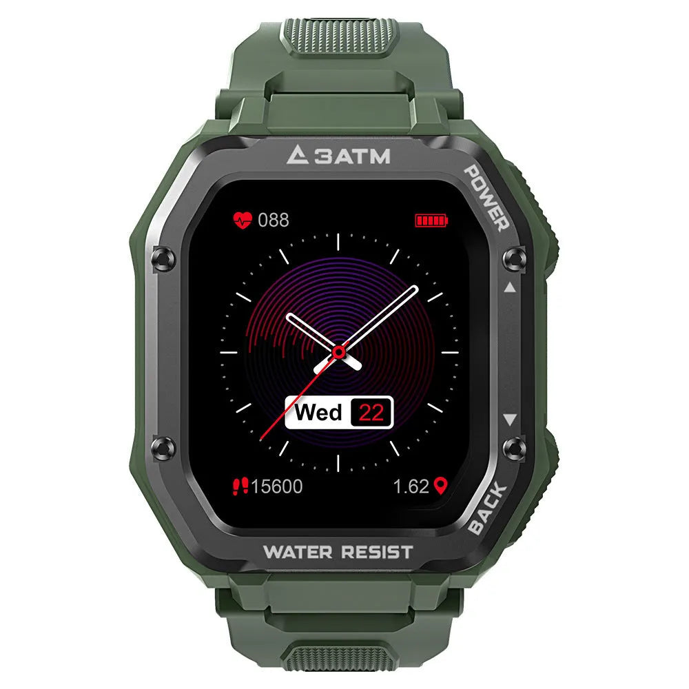 Army green rugged outdoor smart watch with 1.69 inch screen on silicone wristband