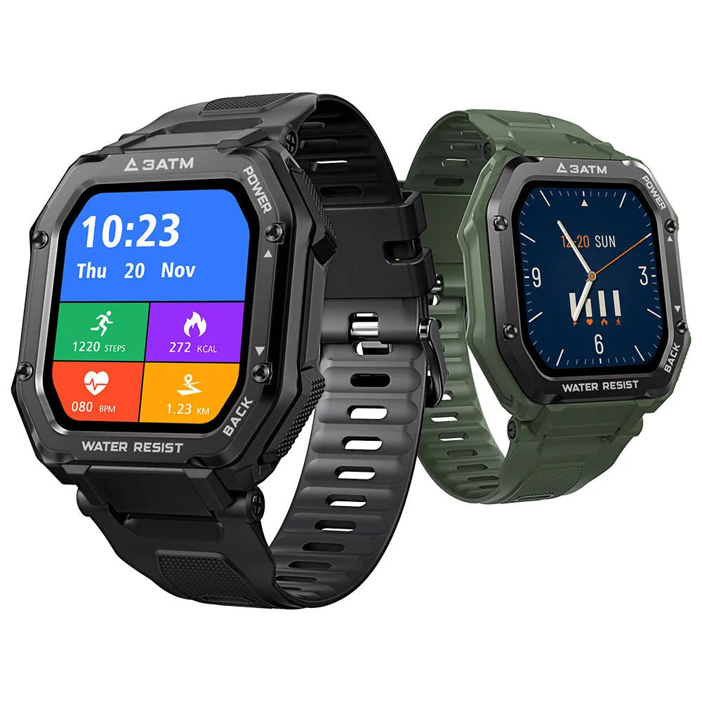 Army green rugged outdoor smart watch with 1.69 inch screen on silicone wristband
