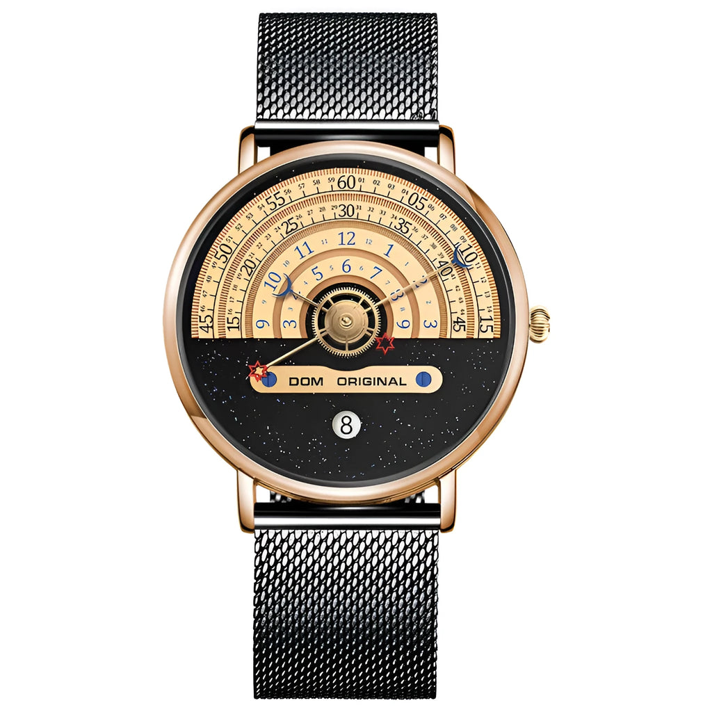 Men's quartz watch with 40mm dial, stainless steel or leather strap, and gold or silver colour options
