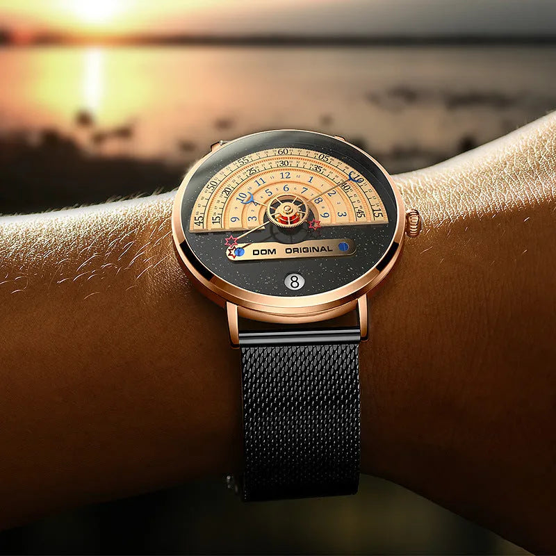Men's quartz watch with 40mm dial, stainless steel or leather strap, and gold or silver colour options