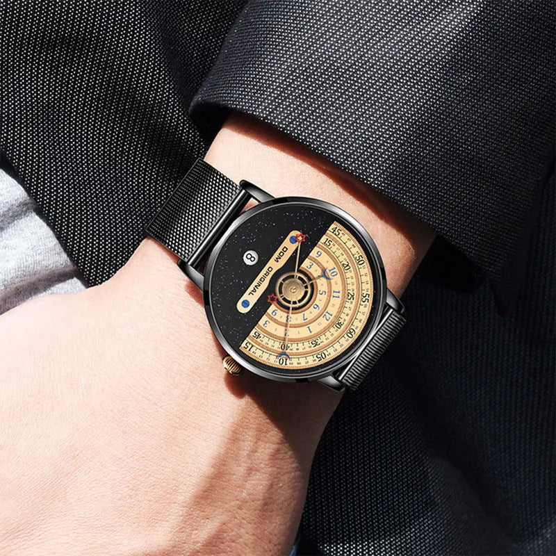 Men's quartz watch with 40mm dial, stainless steel or leather strap, and gold or silver colour options
