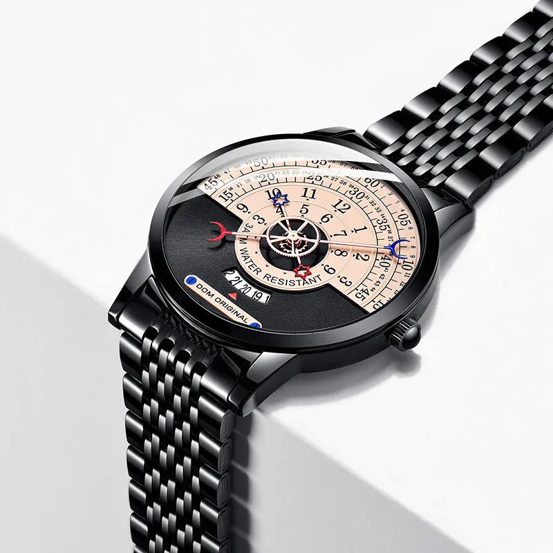 Men's quartz watch with 40mm dial, stainless steel or leather strap, and gold or silver colour options