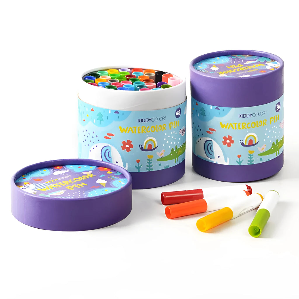 Children's washable watercolour pen set showing 36-colour and 48-colour plastic barrel options.