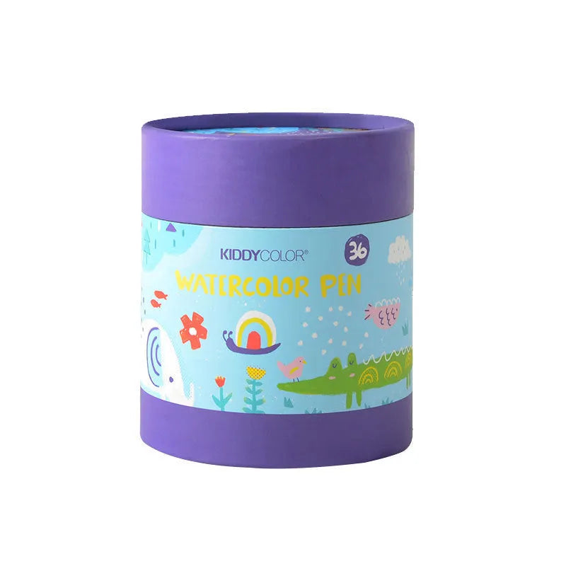 Children's washable watercolour pen set showing 36-colour and 48-colour plastic barrel options.