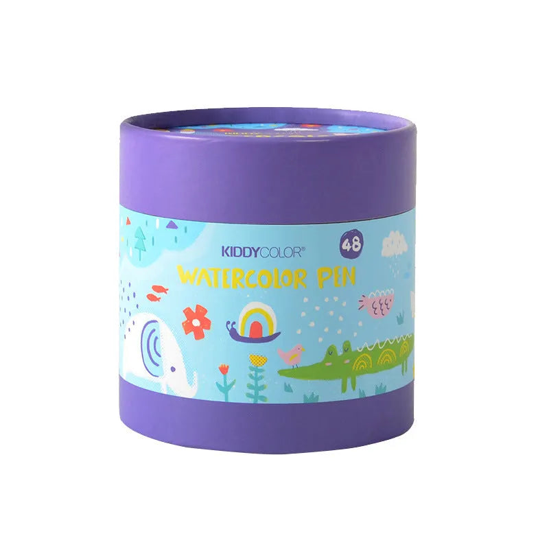 Children's washable watercolour pen set showing 36-colour and 48-colour plastic barrel options.
