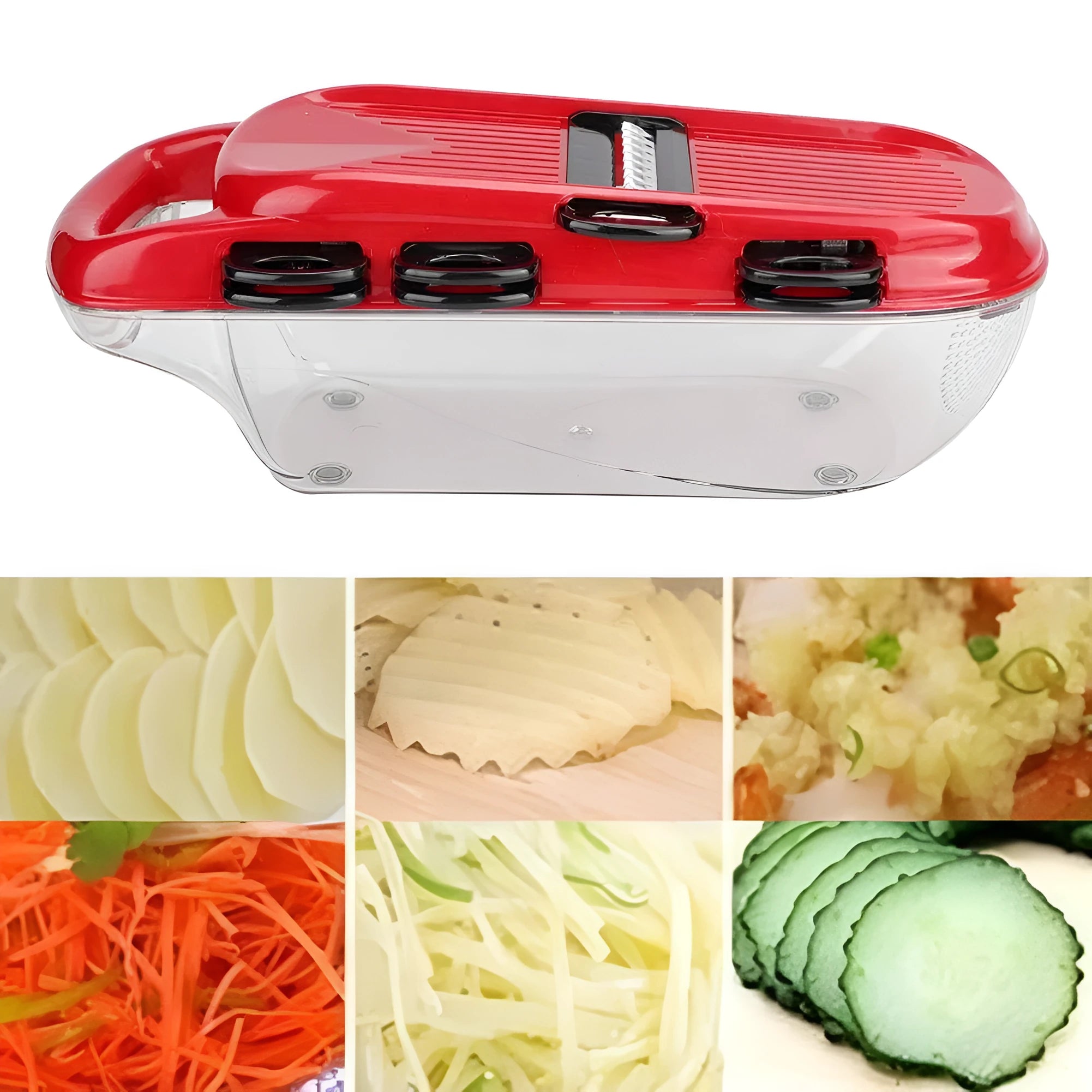 Red multi-function vegetable cutter set with stainless steel blades, plastic body, and clear container.
