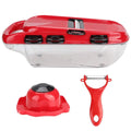 Red multi-function vegetable cutter set with stainless steel blades, plastic body, and clear container.