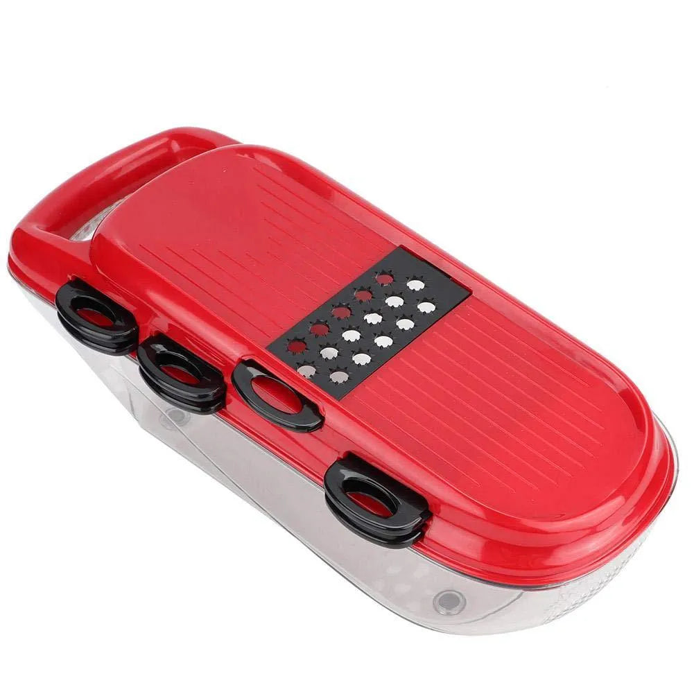 Red multi-function vegetable cutter set with stainless steel blades, plastic body, and clear container.