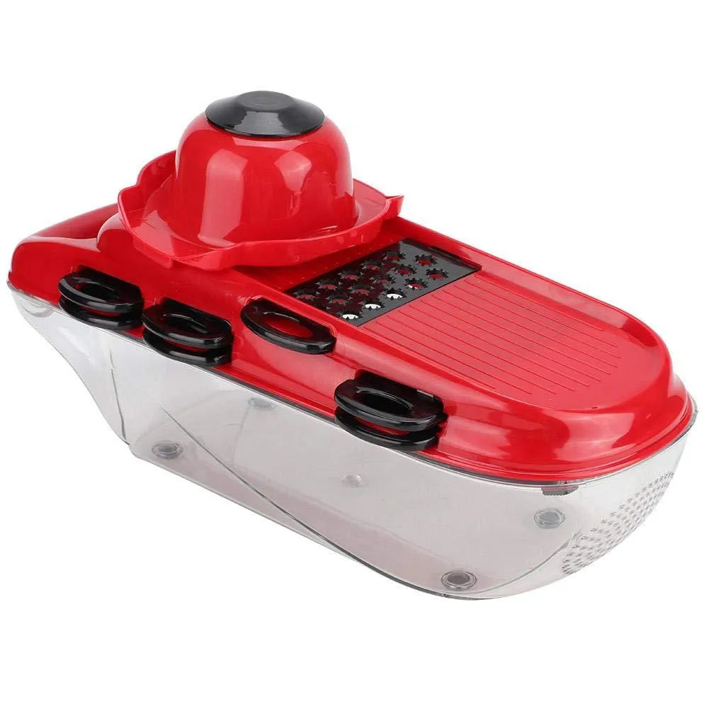 Red multi-function vegetable cutter set with stainless steel blades, plastic body, and clear container.