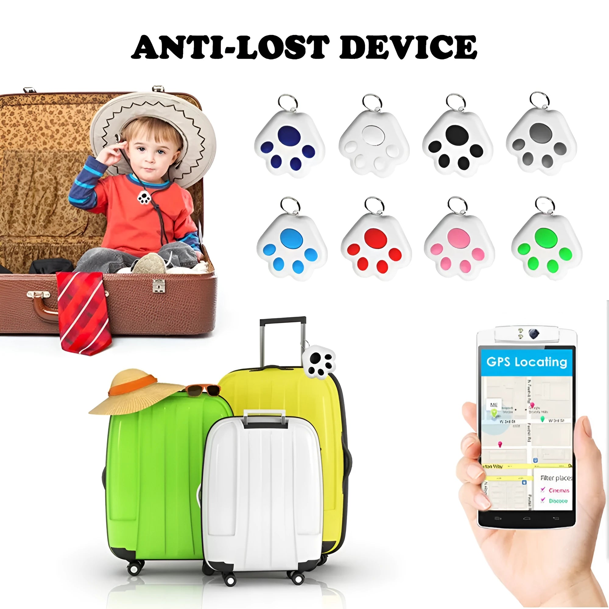 Paw-shaped Bluetooth anti-lost device in various colours for pet tracking and selfie remote.
