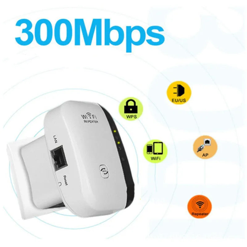 Black and white WiFi signal amplifier with multiple plug types for UK EU US AU outlets