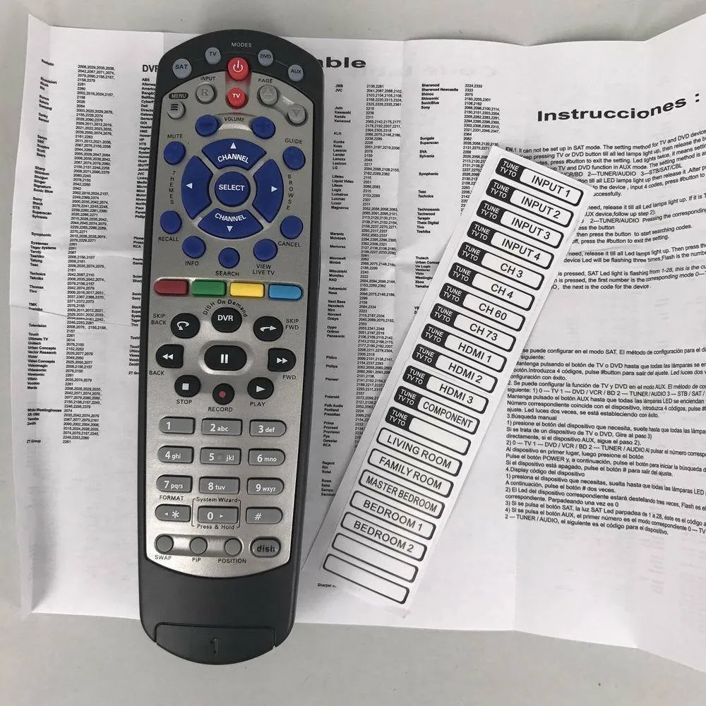 Black universal remote control for DISH Network satellite receivers with flat design and complete button layout