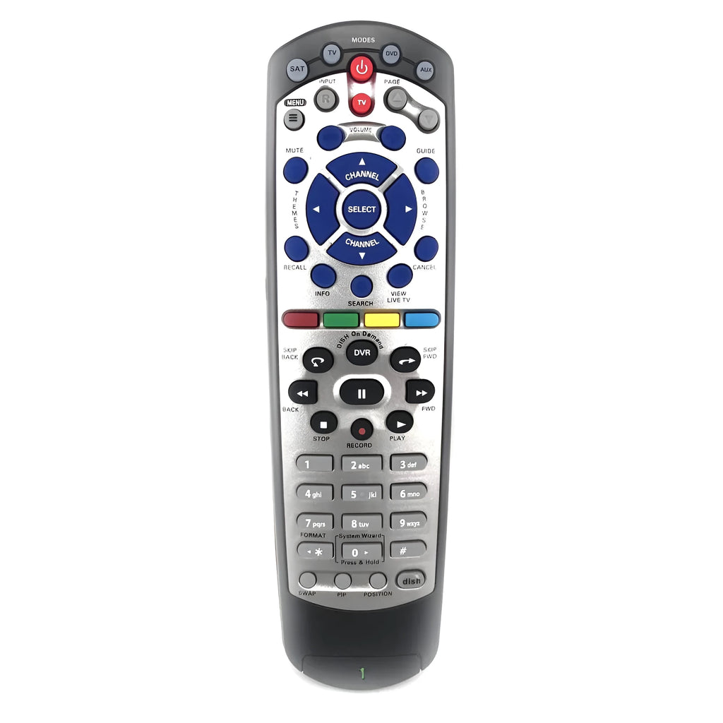 Black universal remote control for DISH Network satellite receivers with flat design and complete button layout
