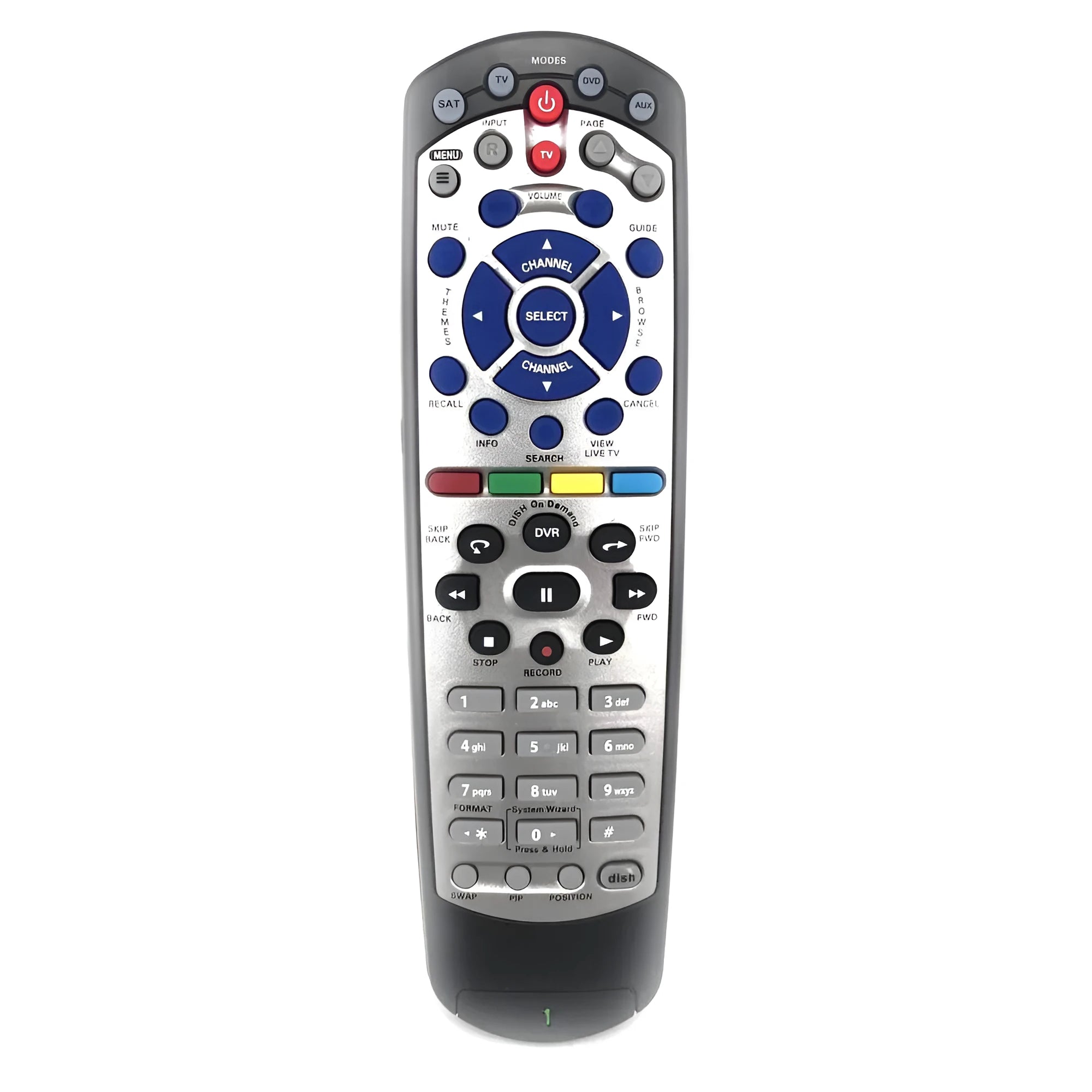 Black universal remote control for DISH Network satellite receivers with flat design and complete button layout
