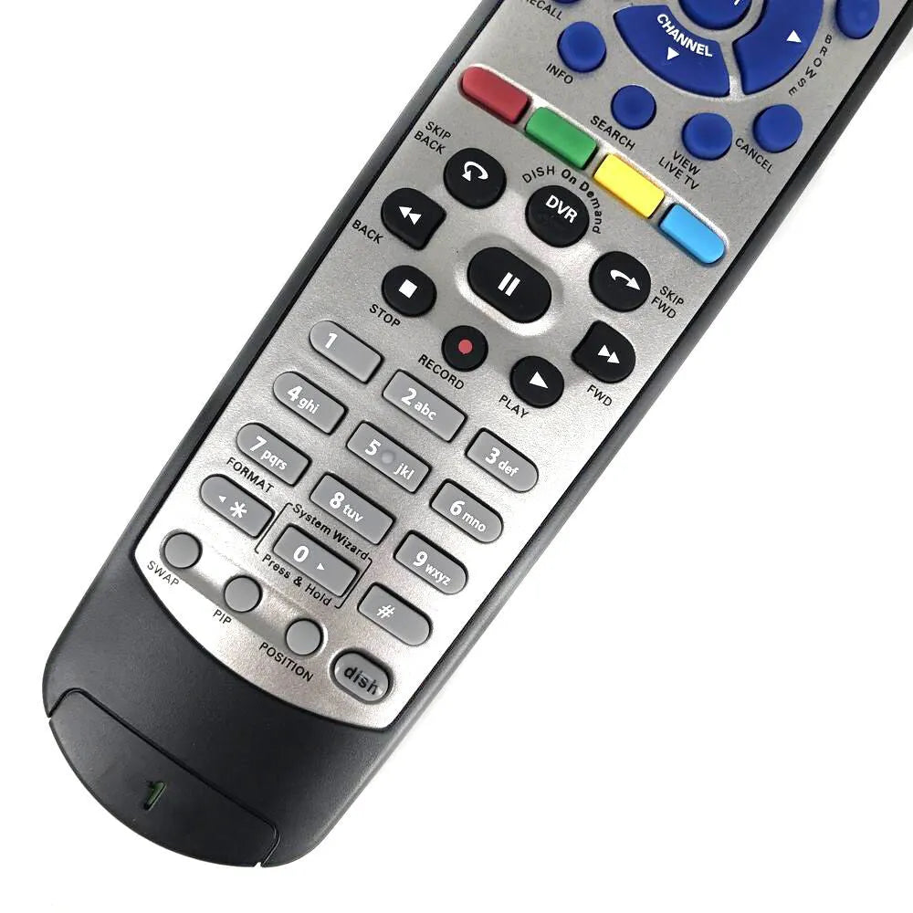Black universal remote control for DISH Network satellite receivers with flat design and complete button layout
