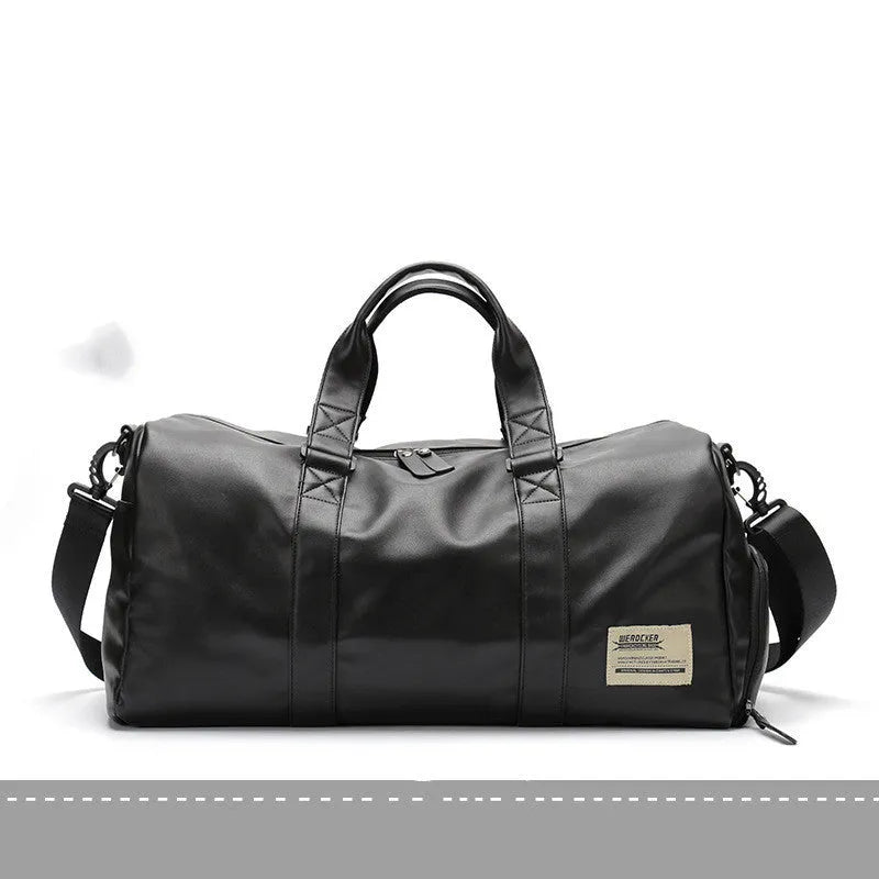 Large black waterproof PU leather sports training bag showing multiple internal organiser pockets.