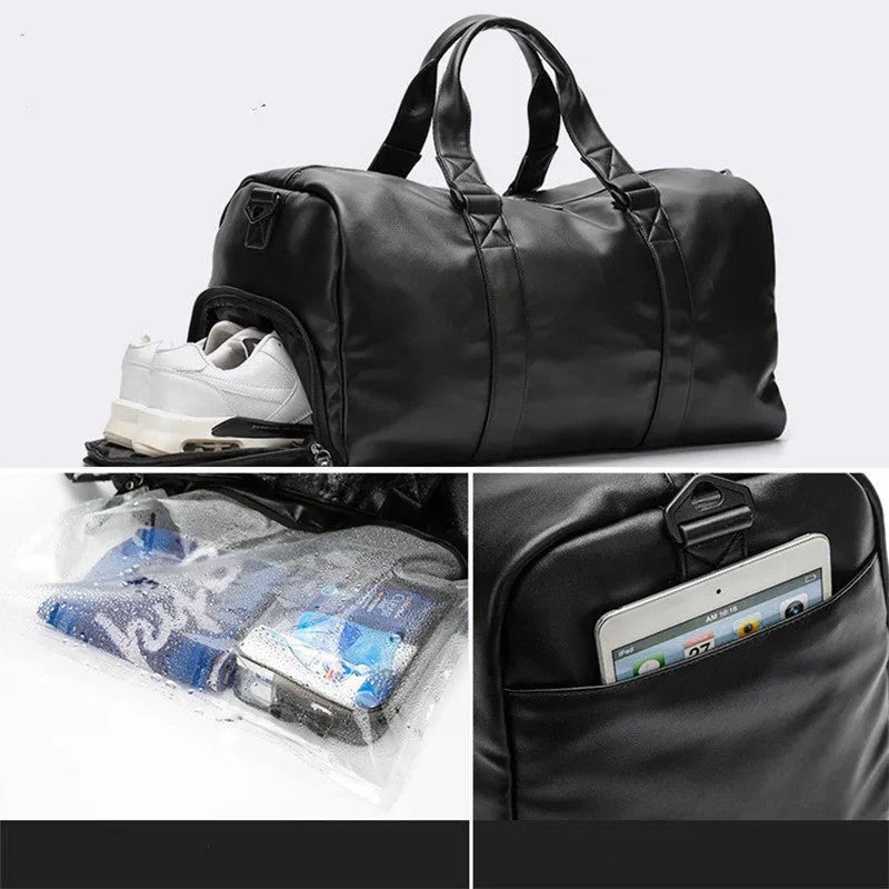 Large black waterproof PU leather sports training bag showing multiple internal organiser pockets.