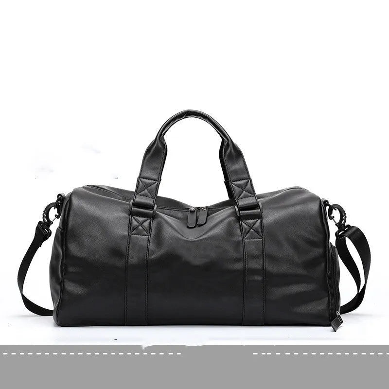 Large black waterproof PU leather sports training bag showing multiple internal organiser pockets.