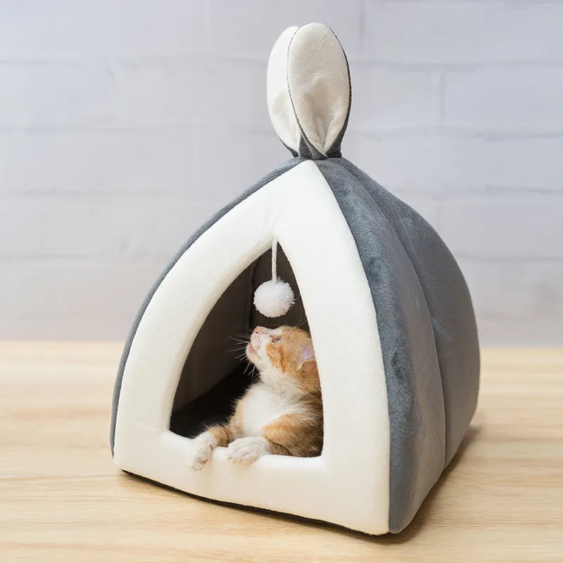 Grey cloth cat house villa pet bed for indoor use with cats or small dogs