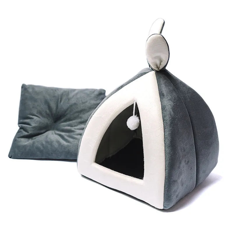 Grey cloth cat house villa pet bed for indoor use with cats or small dogs