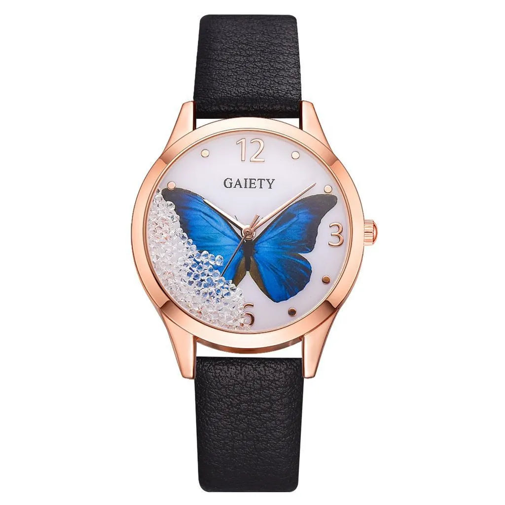 GAIETY ladies wristwatch with removable rhinestone butterfly decoration on 39mm round dial