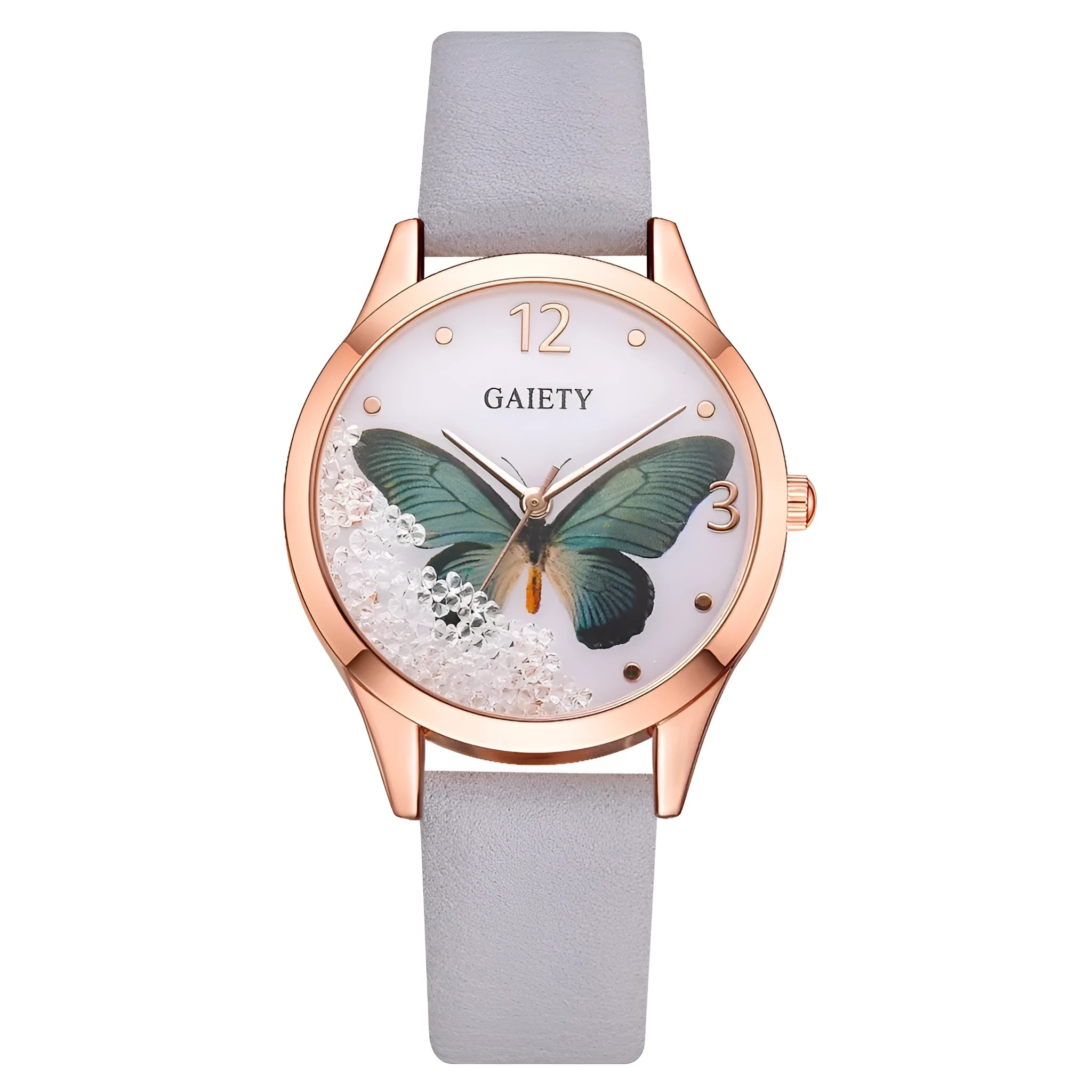 GAIETY ladies wristwatch with removable rhinestone butterfly decoration on 39mm round dial