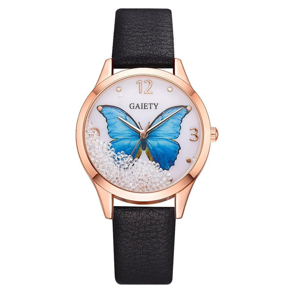 GAIETY ladies wristwatch with removable rhinestone butterfly decoration on 39mm round dial