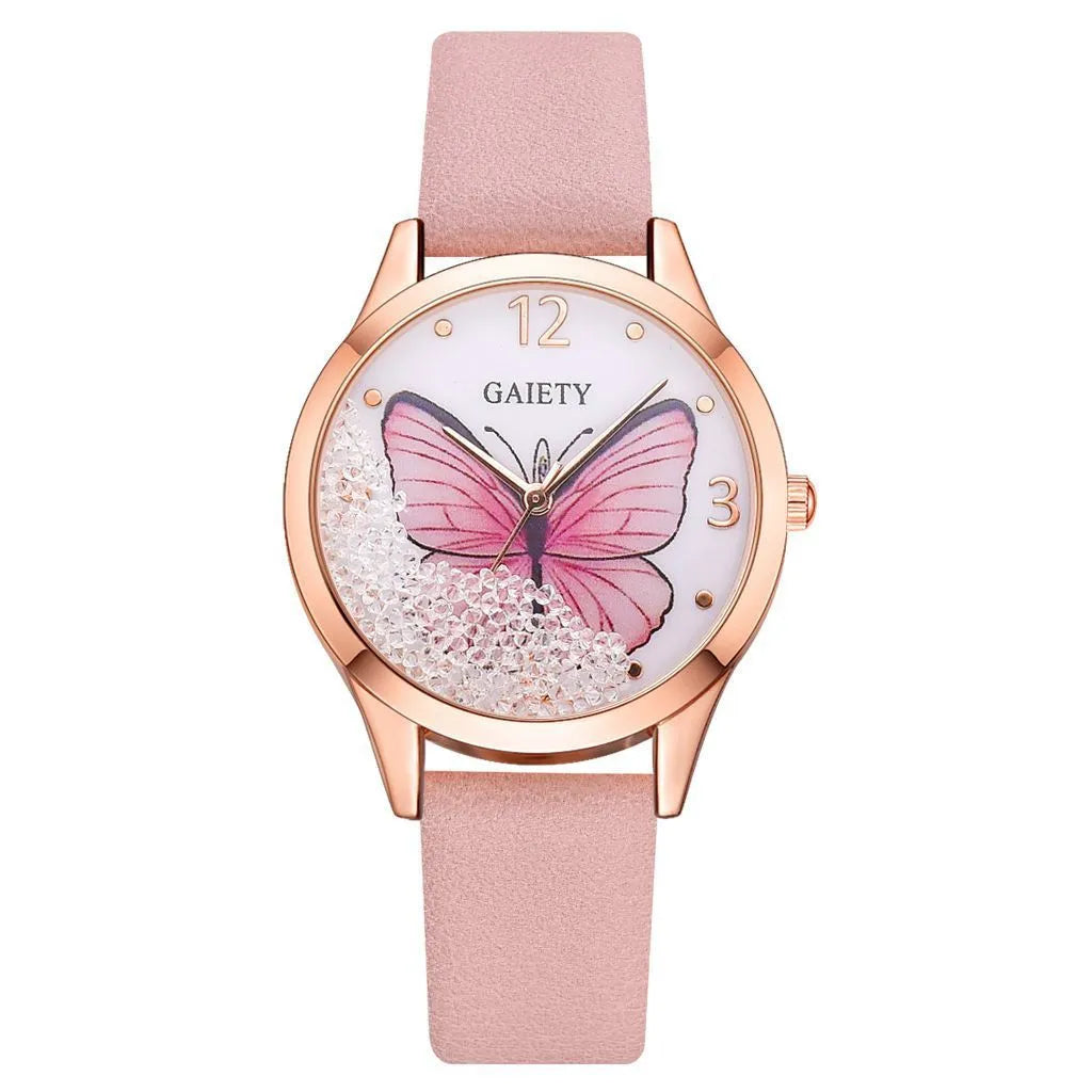 GAIETY ladies wristwatch with removable rhinestone butterfly decoration on 39mm round dial