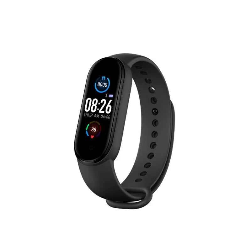 M5 smart bracelet with 0.96 inch touch screen in black blue or red showing heart rate monitor