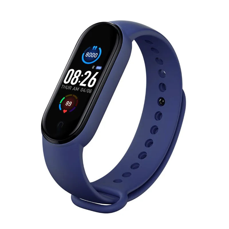 M5 smart bracelet with 0.96 inch touch screen in black blue or red showing heart rate monitor