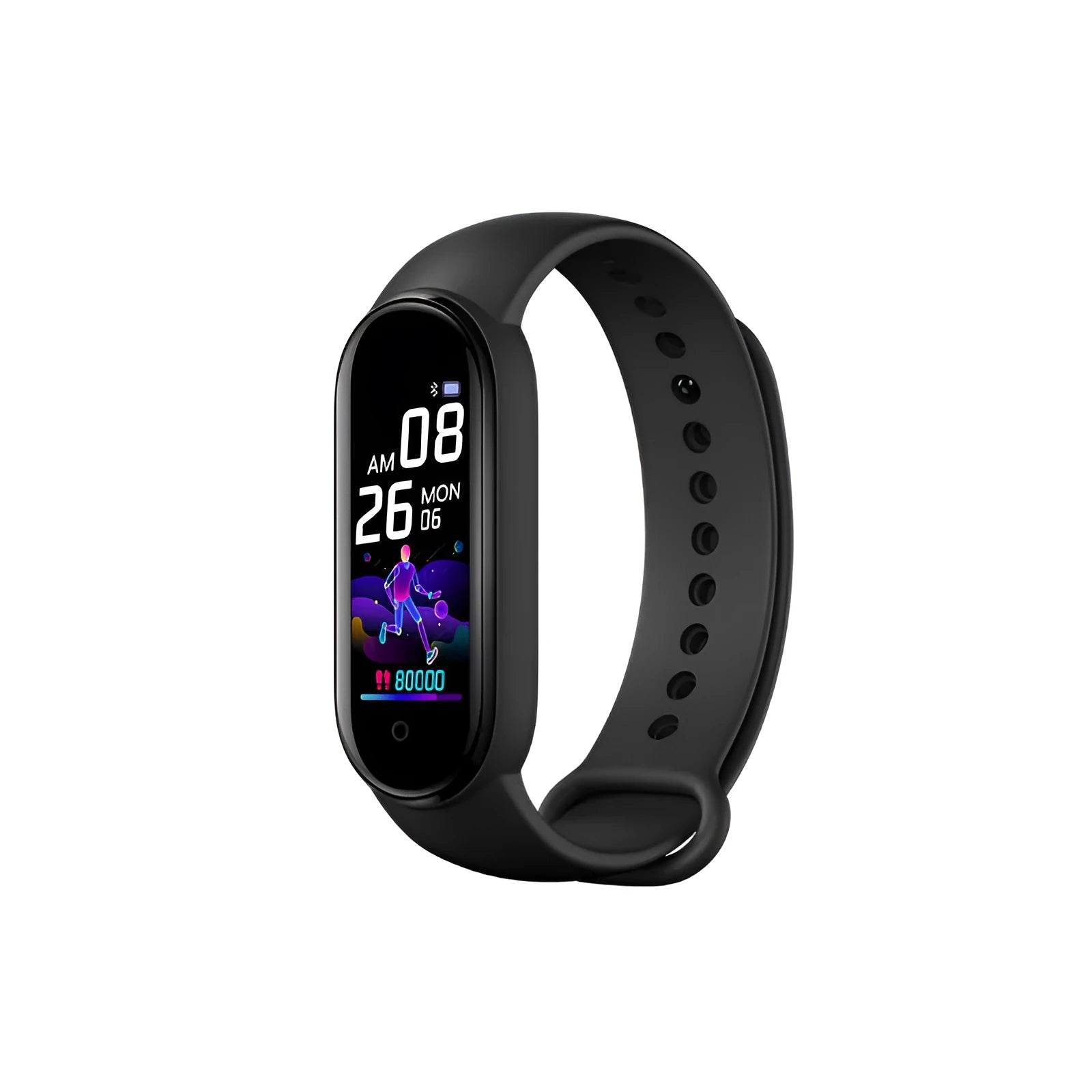 M5 smart bracelet with 0.96 inch touch screen in black blue or red showing heart rate monitor