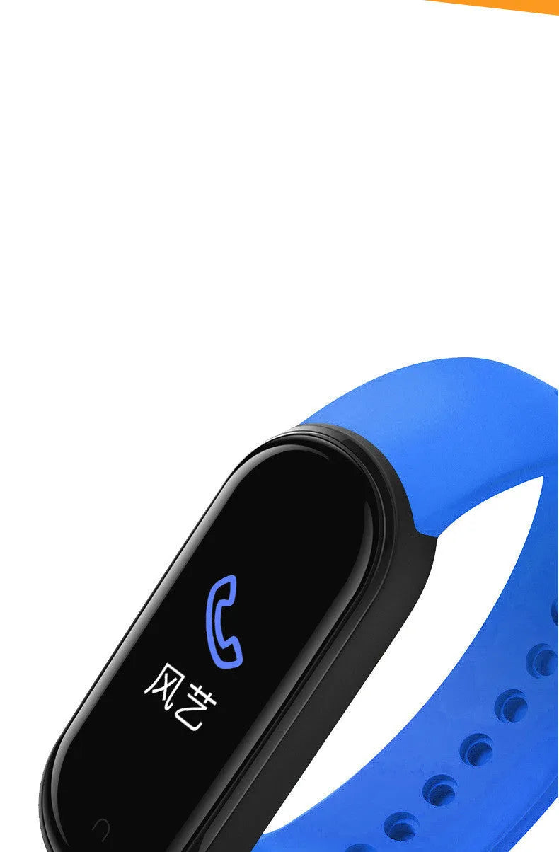 M5 smart bracelet with 0.96 inch touch screen in black blue or red showing heart rate monitor