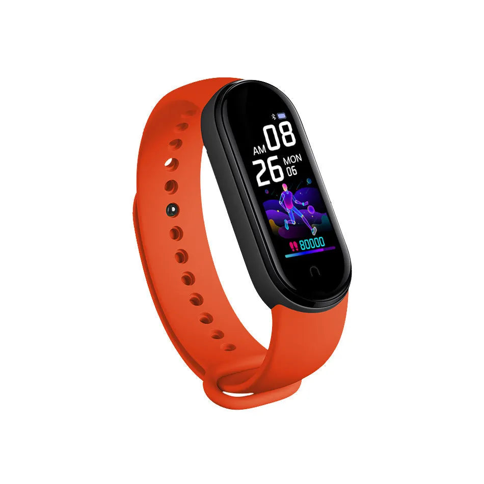 M5 smart bracelet with 0.96 inch touch screen in black blue or red showing heart rate monitor