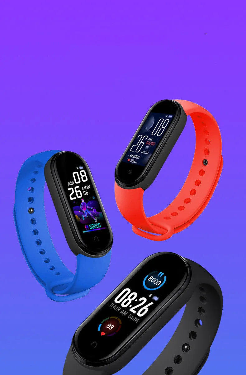 M5 smart bracelet with 0.96 inch touch screen in black blue or red showing heart rate monitor