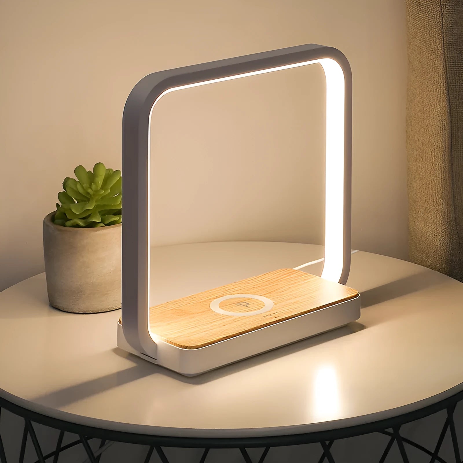 Modern smart bedside lamp with aluminium shade and voice control in white or gold finish