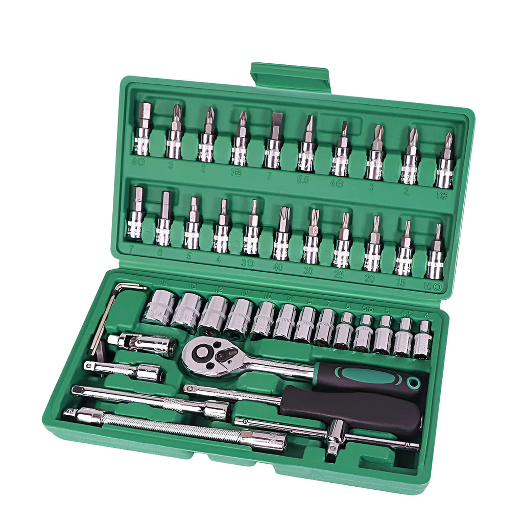 Green plastic case open to show 46-piece alloy steel car repair tool set with ratchet, torque wrench, and sockets