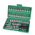 Green plastic case open to show 46-piece alloy steel car repair tool set with ratchet, torque wrench, and sockets